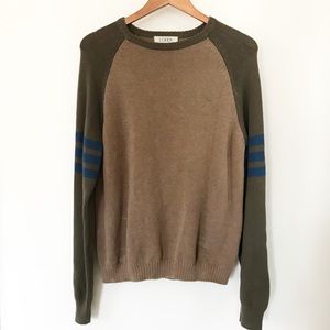 J. Crew Green Tan Stripe Sleeve Varsity Sweater